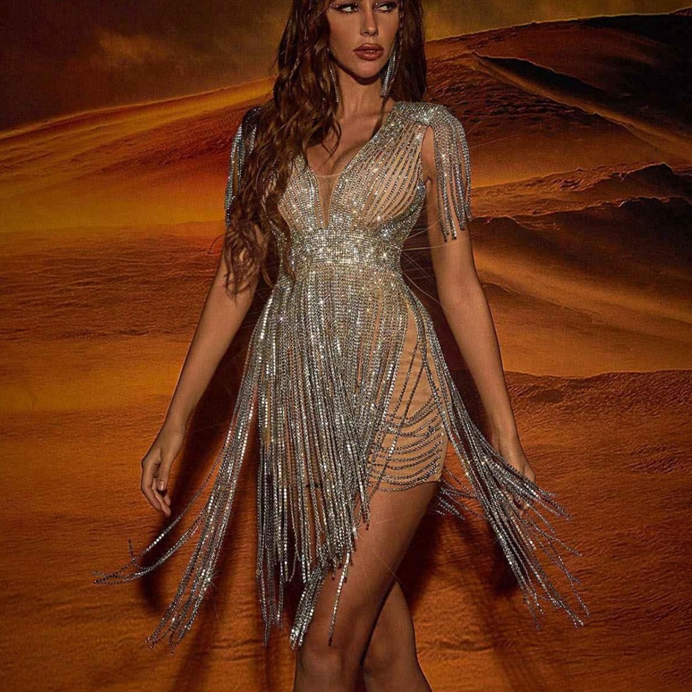 Silver Fringe Embellished Plunge Dress